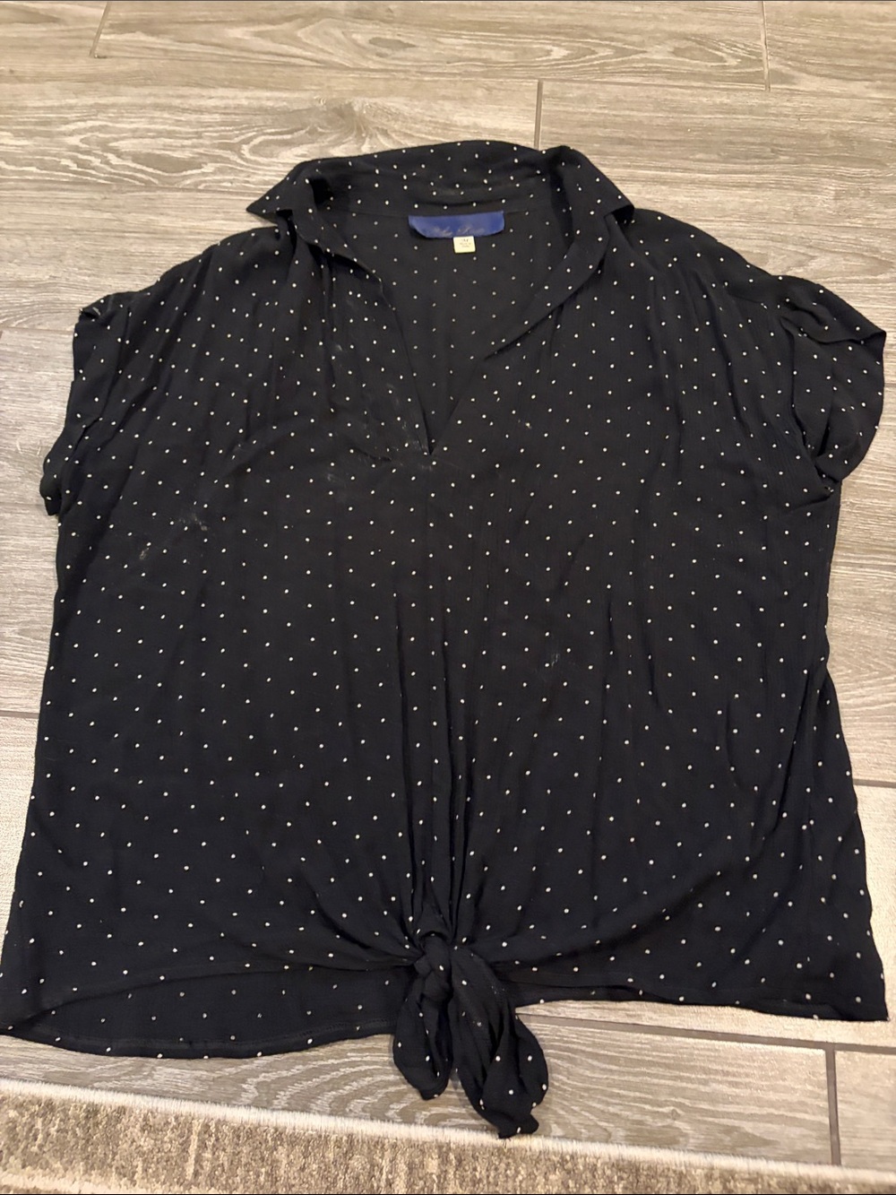 Blue Rain Black Polka Dot Tie-Front Blouse
